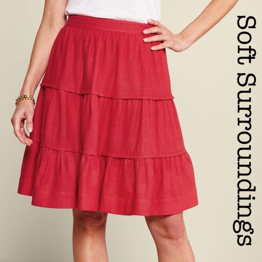 Soft Surroundings Talisa Linen Red Tiered Skirt Size Large